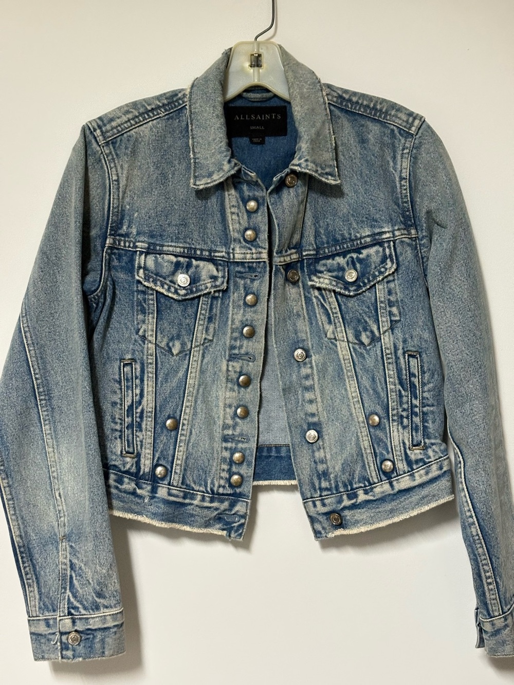 AllSaints Light Wash Denim Jacket with Distressed Finish
